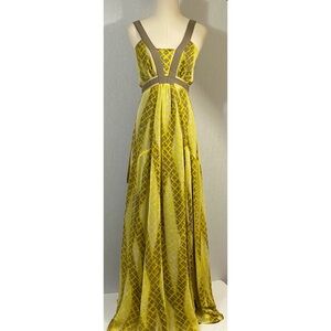 Calvin Klein yellow brown chiffon smocked maxi dress